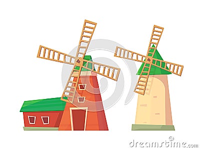 Farm windmill wish barn isolated on white. Vector Illustration