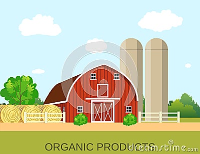 Farm with wooden village house Vector Illustration