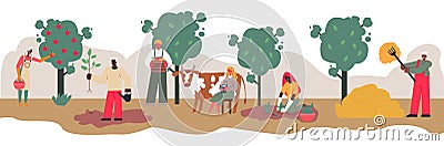 Farm work banner with cartoon people harvesting apples from orchard trees Vector Illustration