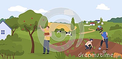 Farm workers people at countryside panorama vector illustration agricultural job or hobby together Vector Illustration