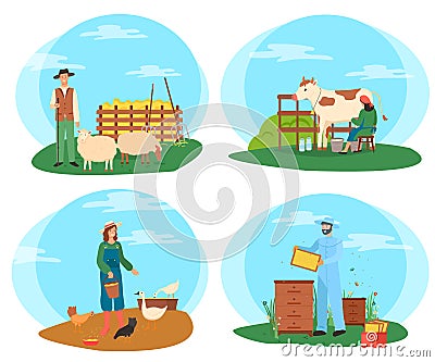 Farming People, Woman Feeding Chicken Hens Set Vector Illustration