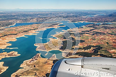 Farmed fields aerial view from airplane near Madrid Stock Photo