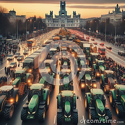 farmer activist drive tractor and livestock reach big city, agriculture and meat ban protest agenda Stock Photo