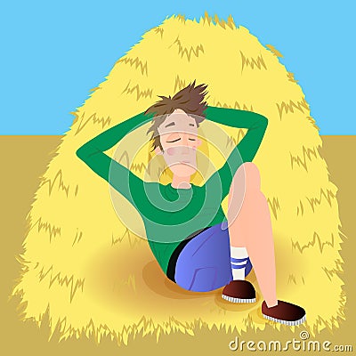 Farmer in agreen jumpsuit, lies on haystack Vector Illustration