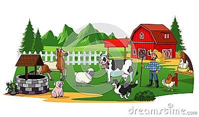 Farmer and animals in the farm yard Vector Illustration