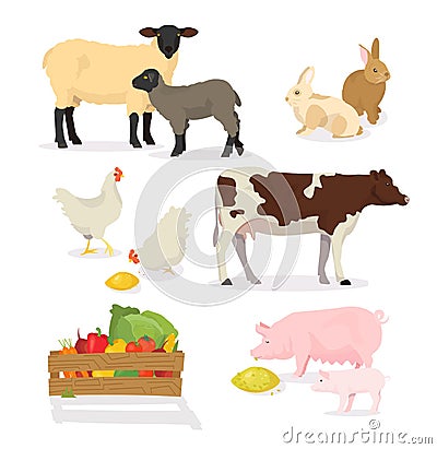 Farmer animals set in cartoon style. Vector illustration of pig, cow, rabbit, sheep, chicken, lamb. Countryside, rural Vector Illustration