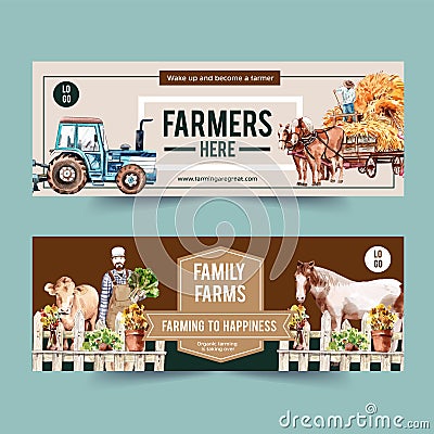 Farmer banner design with tractor, horse, cow watercolor illustration Cartoon Illustration