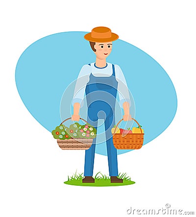 A farmer with baskets full of flowers and vegetables. Vector Illustration