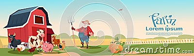 Farmer Breeding Animals Farmland Background Vector Illustration