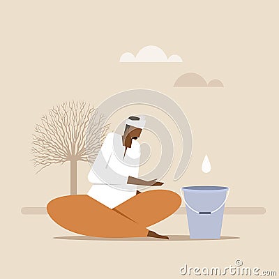 A farmer waiting for rain drop in his farmland Vector Illustration