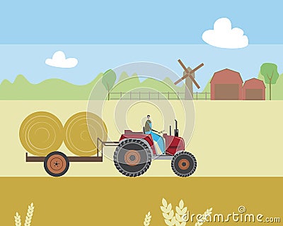 A farmer is carrying a cereal crop in a tractor trailer, a flat vector stock illustration as a concept of eco farm and agriculture Vector Illustration