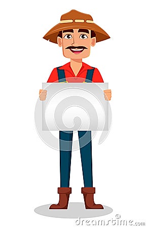 Farmer cartoon character. Cheerful gardener holds blank placard Vector Illustration