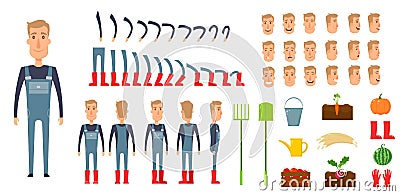 Farmer character creation set. Icons with different types of faces, emotions, clothes. Front, side, back view male Vector Illustration