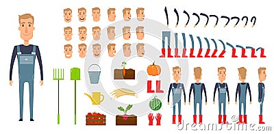 Farmer character creation set. Icons with different types of faces, emotions, clothes. Front, side, back view male Vector Illustration