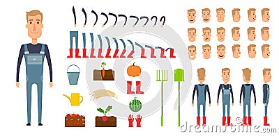 Farmer character creation set. Icons with different types of faces, emotions, clothes. Front, side, back view male Vector Illustration