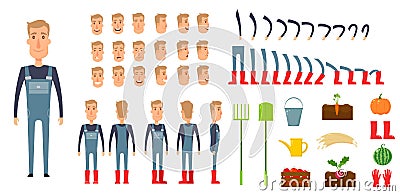 Farmer character creation set. Icons with different types of faces, emotions, clothes. Front, side, back view male Vector Illustration