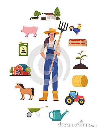 Farmer character and different farm elements. Woman farmer, barn, horse, fertilizer, haystack, cart, crop, pitchfork, watering can Vector Illustration