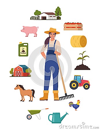 Farmer character and different farm elements. Woman farmer, barn, horse, fertilizer, haystack, cart, crop, pitchfork, watering can Vector Illustration