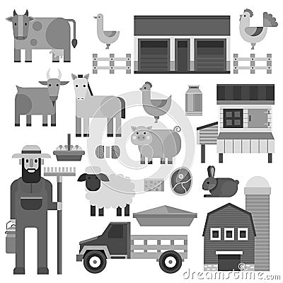 Farmer character man agriculture monochrome profession rural gardener farm animals vector illustration. Vector Illustration