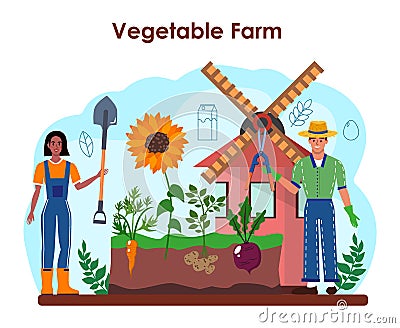 Farmer concept. Horticulture. Farm worker growing plants, vegetables Vector Illustration