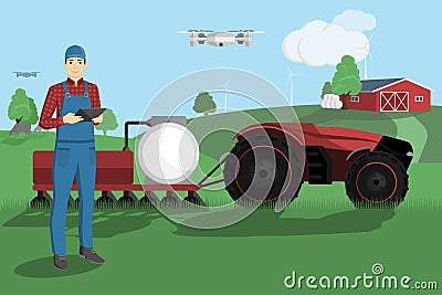 Farmer controls a autonomous tractor Vector Illustration