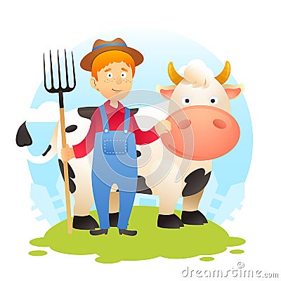 Farmer With Cow Vector Illustration