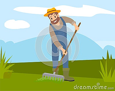 Farmer cultivates the soil with a rake. Agriculture and farm implements. A man works on the ground Vector Illustration