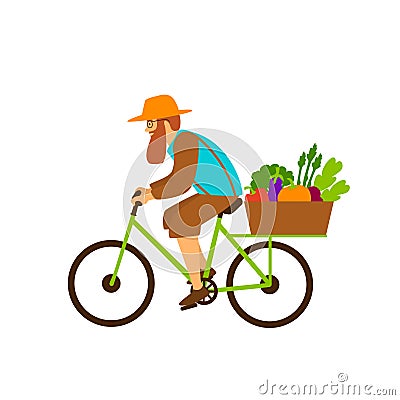 Farmer delivers fresh organic vegetables products riding a bike Vector Illustration