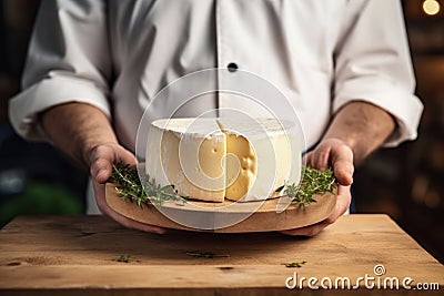 A farmer demonstrates a piece of cheese he made with his own hands. Homemade cheese production on a farm. Natural product. Close- Stock Photo