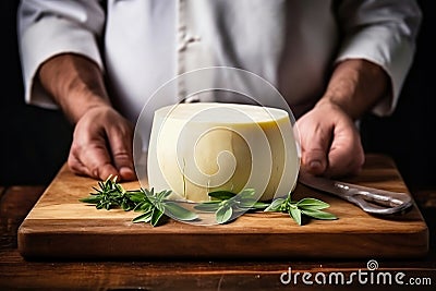 A farmer demonstrates a piece of cheese he made with his own hands. Homemade cheese production on a farm. Natural product. Close- Stock Photo