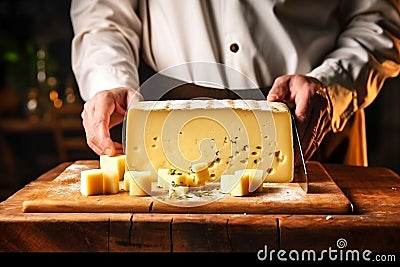 A farmer demonstrates a piece of cheese he made with his own hands. Homemade cheese production on a farm. Natural product. Close- Stock Photo