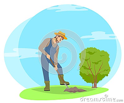 Farmer Digging Ground in Garden Cartoon Icon. Vector Illustration
