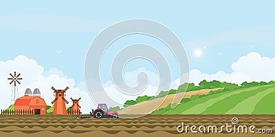 Farmer driving a tractor in farmed land and farmhouse Vector Illustration