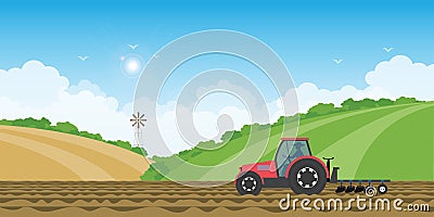 Farmer driving a tractor in farmed land on rural farm landscape hill background Vector Illustration