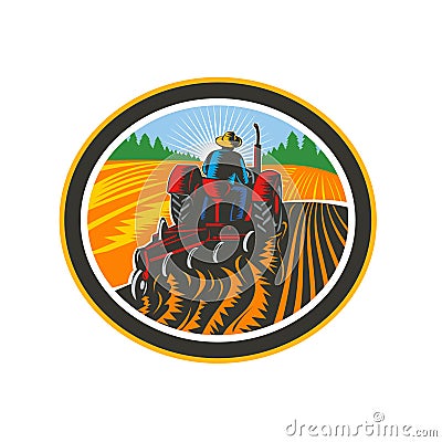 Farmer Driving Tractor Plowing Field Circle Retro Vector Illustration