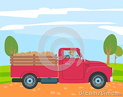 Farmer Driving Truck with Potato in Trunk, Farming Vector Illustration