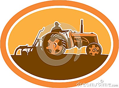 Farmer Driving Vintage Farm Tractor Oval Retro Stock Photo