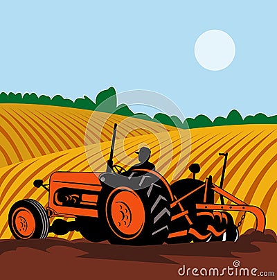 Farmer driving vintage tractor Cartoon Illustration