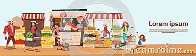 Farmer Family Sell Harvest Products Grocery On Eco Farm Organic Market Seasonal Sale Vector Illustration