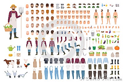 Farmer, farm or agricultural worker constructor or DIY kit. Set of male character body parts, facial expressions Vector Illustration