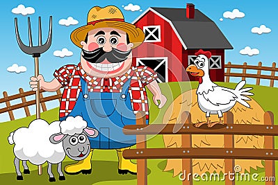 Farmer Farm Cartoon Animal Animals Ranch Vector Illustration