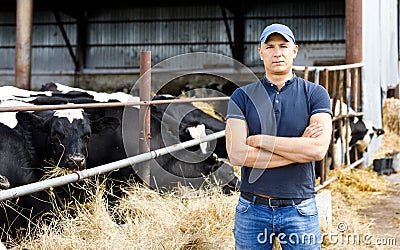 Farmer at farm with dairy cows Stock Photo