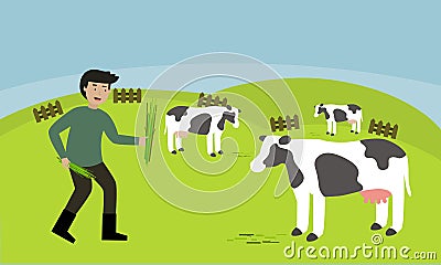 Farmer feeding grass for cows Vector Illustration