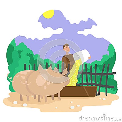 Farmer feeds pigs. Background landscape. Color illustration. Vector Illustration