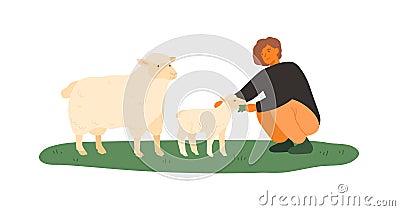 Farmer female feeding lamb and sheep by green grass vector flat illustration. Smiling woman agricultural worker taking Vector Illustration