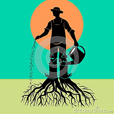 Farmer fertilizing his own roots vector logo Stock Photo