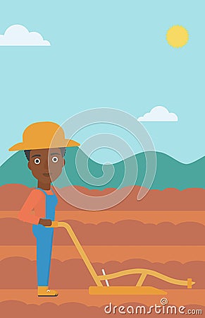 Farmer on the field with plough. Vector Illustration