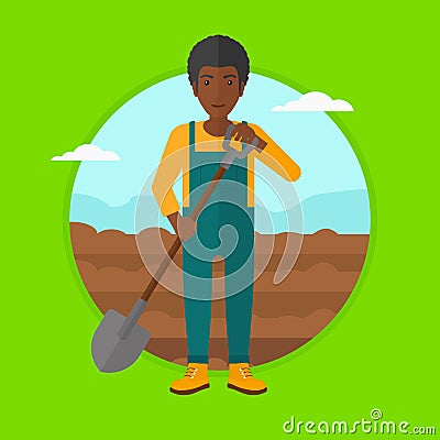Farmer on the field with shovel. Vector Illustration