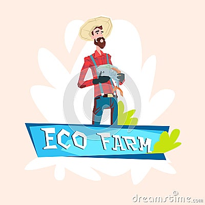 Farmer Fishman Hold Fish Eco Farming Logo Concept Vector Illustration