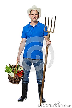 Farmer with forks collected fresh vegetables Stock Photo